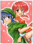  1girl bad_id bad_pixiv_id blue_eyes blue_hair braid china_dress chinese_clothes dress genderswap genderswap_(mtf) hat locked_arms oekaki ranma-chan ranma_1/2 red_eyes red_hair saotome_ranma star taka_civic 