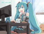  :3 :d aqua_eyes aqua_hair caloriemate character_doll clock clockshow computer cup detached_sleeves doll hachune_miku hatsune_miku kagamine_rin masuneko mug necktie nendoroid open_mouth sitting skirt smile solo soratobazu_(vocaloid) spring_onion thighhighs twintails vocaloid wariza 