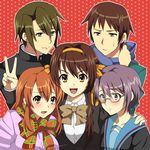  3girls alternate_costume alternate_hairstyle asahina_mikuru bad_id bad_pixiv_id brown_eyes brown_hair cardigan glasses hair_ribbon kita_high_school_uniform koizumi_itsuki kouyouen_academy_uniform kyon long_hair multiple_boys multiple_girls nagato_yuki ribbon scarf school_uniform serafuku short_hair suzumiya_haruhi suzumiya_haruhi_no_shoushitsu suzumiya_haruhi_no_yuuutsu v yuu_(lyric) 