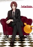  bad_id bad_pixiv_id brown_hair chair checkered checkered_floor crossed_legs easy_chair formal gundam gundam_00 haro lockon_stratos long_hair male_focus necktie neil_dylandy perspective saitou_ataru sitting smile suit tiles 