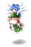  :&lt; blue_hair blush bow braid chibi china_dress chinese_clothes cirno closed_eyes commentary dress flying frown hair_bow hat highres hong_meiling long_hair multiple_girls open_mouth red_hair short_hair sleeping touhou twin_braids wings yume_shokunin 