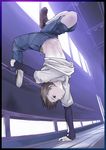  androgynous bend breakdance flexible handstand idolmaster idolmaster_(classic) inu_(aerodog) kikuchi_makoto midriff reverse_trap short_hair solo tomboy upside-down 