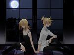  1girl bad_id bad_pixiv_id blonde_hair brother_and_sister dress full_moon holding_hands incest kagamine_len kagamine_rin moon night red_string siblings strap_slip string temari_(deae) thighhighs twincest twins vocaloid 