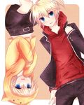  1girl :3 bad_id bad_pixiv_id blonde_hair blue_eyes blush brother_and_sister highres kagamine_len kagamine_rin monako short_hair shorts siblings smile twins vocaloid 
