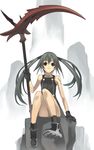  black_hair boots brown_eyes copyright_request dress gloves long_hair nagi_ryou scythe sitting sleeveless smile solo tattoo twintails weapon 