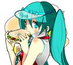  aqua_eyes aqua_hair eating food hands hatsune_miku long_hair looking_at_viewer mcdonald's meno necktie sandwich solo twintails visor_cap vocaloid 