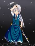  blue_eyes dual_wielding frown hairband holding katana konpaku_youmu muku_(muku-coffee) ripples serious short_hair silver_hair solo sword touhou walking walking_on_liquid weapon 