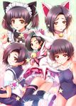  animal_ears bell bell_collar black_hair blush brown_eyes cat_ears collar competition_school_swimsuit hairband kashi kobayakawa_rinko love_plus magical_girl maid multiple_persona one-piece_swimsuit school_swimsuit school_uniform short_hair skirt swimsuit thighhighs twintails 