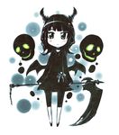  black_dress black_hair black_rock_shooter chibi dead_master dress green_eyes holding holding_scythe horns scythe skull solo tom_(drpow) wings 