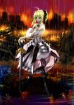  ahoge artoria_pendragon_(all) bad_id bad_pixiv_id blonde_hair building doublex excalibur fate/stay_night fate/unlimited_codes fate_(series) fire green_eyes hands_on_hilt highres ponytail rain ribbon saber saber_lily solo standing sword water weapon 