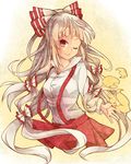  ;) adapted_costume bow closed_mouth fujiwara_no_mokou hair_bow nomi_(15175687) one_eye_closed red_eyes skirt smile solo suspenders touhou white_hair 