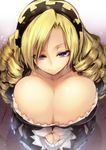  blonde_hair breasts bursting_breasts cleavage from_above huge_breasts kneeling long_hair maid maid_headdress overlord_(maruyama) purple_eyes ringlets smile solo solution_epsilon tousen 