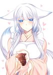  animal_ears apron blue_eyes blush breasts chocolate fox_ears fox_tail heart japanese_clothes kimono konshin large_breasts long_hair looking_at_viewer orie_mishiro pixiv_fantasia pixiv_fantasia_fallen_kings solo tail white_background white_hair 