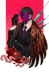  badge blood decepticon elapuse feathers formal gloves highres humanization insignia male_focus mask necktie organs solo suit tarn transformers 