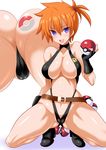  ass bangs belt bikini black_bikini black_footwear black_gloves blue_eyes blush breasts cameltoe cleavage dengeki!_pikachu fingerless_gloves from_below gloves kasumi_(pokemon) konno_tohiro large_breasts looking_at_viewer open_mouth orange_hair poke_ball pokemon shoes short_hair side_ponytail simple_background slingshot_swimsuit solo squatting swimsuit white_background 