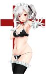  adapted_uniform bra breasts cleavage cowboy_shot drill_hair gloves highres idolmaster idolmaster_cinderella_girls kanzaki_ranko maid maid_bikini maid_headdress medium_breasts panties red_eyes ryuu. silver_hair solo thighhighs twin_drills twintails underwear 