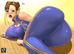  ahegao ass blush breasts chinese_clothes chun-li covered_nipples double_bun dress huge_ass impossible_clothes large_breasts solo street_fighter tenji thick_thighs thighs tight tongue tongue_out unitard 