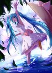  armpits arms_up blue_eyes blue_hair dress hat hatsune_miku highres long_hair open_mouth qingye_ling solo splashing twintails vocaloid wading water white_dress 