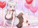  animal_ears apron balloon bandaid bandaid_on_object bangs bare_arms blunt_bangs bow bow_legwear breasts cat_ears cat_tail chocolate chocolate_heart choker cleavage collarbone cuffs frilled_apron frills handcuffs heart heart_balloon key large_breasts long_hair looking_at_viewer mouth_hold original purple_eyes red_bow silver_hair skindentation sleeveless solo tail thighhighs twitter_username ushinomiya valentine white_legwear 