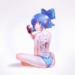  artist_request back back_tattoo barefoot blue_eyes blue_hair blue_panties cirno english food frog gradient gradient_background hair_ribbon ice_cream looking_at_viewer looking_back no_wings non-web_source panties pointy_ears ribbon short_hair sitting solo sunglasses tattoo text_focus topless touhou underwear 