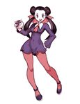  ascot black_hair brown_eyes covered_navel double_bun dress forehead full_body genzoman hair_pulled_back hand_on_hip holding holding_poke_ball long_hair looking_at_viewer open_mouth pantyhose pink_legwear poke_ball poke_ball_(generic) pokemon pokemon_(game) pokemon_rse purple_dress sketch smile solo standing tsutsuji_(pokemon) twintails very_long_hair 