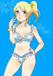  adapted_costume ayase_eli bad_id bad_pixiv_id bangs blonde_hair blue_eyes bra bracelet breasts collarbone frilled_bra frills hand_on_hip jewelry long_hair looking_at_viewer love_live! love_live!_school_idol_project medium_breasts mikawa_miso music_s.t.a.r.t!! panties ponytail simple_background solo underwear 