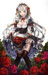  :d black_legwear breasts cleavage dermiss dress dress_lift flower long_hair maid maid_headdress medium_breasts open_mouth original purple_eyes rose silver_hair skirt_basket smile solo thighhighs underbust 