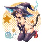  animal_ears bikini blush breasts brown_hair cat_ears cat_tail elbow_gloves frilled_hat frills ghost gloves hat highres mary_janes miyamae_porin open_mouth orange_eyes original polka_dot polka_dot_background shoes small_breasts solo star swimsuit tail thighhighs witch_hat 