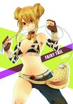  1girl bangs bell bell_collar bikini_top blonde_hair breasts brown_eyes collar copyright_name cow_print detached_sleeves double_bun fairy_tail female fingerless_gloves gloves looking_at_viewer lucy_heartfilia solo taurus_form whip yuita_ro 