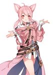  ahoge animal_ears bare_legs blush cat_ears dress final_fantasy final_fantasy_xiv haijin long_hair long_sleeves looking_at_viewer miqo'te pink_eyes pink_hair sidelocks sleeves_past_wrists slit_pupils smile solo t'kebbe tail twintails 