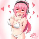  bikini blush breasts cleavage commentary_request headphones heart heart-shaped_pupils highres large_breasts long_hair looking_at_viewer midriff navel nitroplus open_mouth pink_hair red_eyes smile solo super_sonico swimsuit symbol-shaped_pupils tras030303 white_bikini 