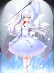  blue_eyes boots dress highres holding holding_sword holding_weapon jewelry left-handed long_hair myrtenaster pendant rapier rwby scar scar_across_eye shots_(syottu) side_ponytail solo sword weapon weiss_schnee white_footwear white_hair 