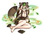  animal_ears bare_legs barefoot breasts brown_hair cleavage geta glasses gourd green_eyes kazana_(sakuto) large_breasts leaf leaf_on_head looking_at_viewer original raccoon_ears raccoon_tail sandals_removed short_hair sitting smile solo tail 