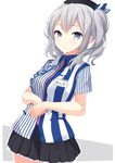  breasts employee_uniform hat kantai_collection kashima_(kantai_collection) large_breasts lawson mimura_zaja silver_hair solo twintails uniform wavy_hair 