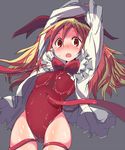  bangs blonde_hair blush bound bow breasts disgaea flonne flonne_(fallen_angel) hair_ribbon highleg highleg_leotard highres kawa_mura leotard long_hair looking_at_viewer makai_senki_disgaea open_mouth red_eyes red_leotard ribbon small_breasts solo suggestive_fluid tearing_up tentacles 