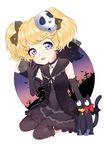  blonde_hair blue_eyes blush cat dress earrings elbow_gloves gloves hair_ornament hal_(stsff) jewelry looking_at_viewer open_mouth short_twintails skull_hair_ornament smile solo tasha_romanovsky tokyo_7th_sisters twintails 