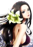  backlighting bad_id bad_pixiv_id bare_shoulders black_hair blue_eyes breasts dress flower hair_flower hair_ornament large_breasts lips long_hair looking_at_viewer nico_robin one_piece parted_lips purple_dress shinmanawa sideboob sleeveless sleeveless_dress solo upper_body 