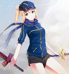  aqua_eyes artoria_pendragon_(all) black_shorts blonde_hair blue_scarf dual_wielding excalibur fate_(series) hat highres holding holding_sword holding_weapon long_hair mysterious_heroine_x ponytail rojiura_satsuki:_chapter_heroine_sanctuary scarf shorts solo sword unscpro weapon 