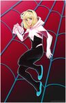  artist_name blonde_hair blue_eyes bodysuit border breasts freckles full_body gwen_stacy hairband highres holding holding_mask hood hood_down marvel mask mask_removed outline small_breasts smile solo spider-gwen spider-man_(series) white_border zombiedaisuke 