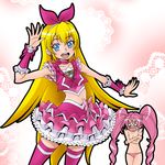  :d blonde_hair blue_eyes blush bow brooch choker cosplay covering covering_breasts cowboy_shot crop_top cure_melody cure_melody_(cosplay) dokidoki!_precure earrings embarrassed eunos frilled_skirt frills hair_bow hairband houjou_hibiki jewelry long_hair looking_at_viewer magical_girl midriff multiple_girls navel o_o open_mouth panties pink_bow pink_choker pink_hair pink_legwear pink_panties pink_skirt precure regina_(dokidoki!_precure) skirt smile suite_precure thighhighs topless underwear wrist_cuffs 