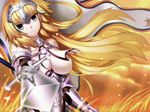  armor armored_dress bare_shoulders blonde_hair blurry breasts bug cloud depth_of_field fate/apocrypha fate/grand_order fate_(series) foreshortening gauntlets headpiece highres insect jeanne_d'arc_(fate) jeanne_d'arc_(fate)_(all) large_breasts long_hair looking_at_viewer moth orange_sky paperfinger pointing_sword purple_eyes serious sky solo sword weapon wheat wind 