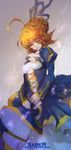  ahoge artoria_pendragon_(all) blonde_hair blue_dress breasts character_name closed_eyes dress eyelashes fate/stay_night fate_(series) highres saber small_breasts solo yoyo2doggness 