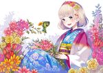  ao_no_exorcist blonde_hair colorful flower green_eyes hair_flower hair_ornament holding holding_flower japanese_clothes kimono moriyama_shiemi nii_(ao_no_exorcist) open_mouth sheep_sleep short_hair simple_background sitting smile 