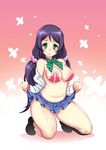  bad_id bad_pixiv_id bow bra breasts green_eyes highres large_breasts long_hair looking_at_viewer love_live! love_live!_school_idol_project low_twintails octoman off_shoulder open_mouth otonokizaka_school_uniform pink_scrunchie pleated_skirt purple_hair school_uniform scrunchie seiza sitting skirt skirt_lift solo toujou_nozomi twintails underwear 