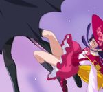  1girl batty_(mahou_girls_precure!) broom broom_riding cape closed_eyes haruyama_kazunori izayoi_liko legs long_hair magic_school_uniform mahou_girls_precure! open_mouth precure purple_hair 