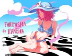  barefoot bikini blue_bikini brazil brazilian deviantart_sample frilled_bikini frills full_body hamatsu hat hitodama image_sample jpeg_artifacts midriff navel pink_eyes pink_hair portuguese saigyouji_yuyuko short_hair sitting solo sun_hat swimsuit text_focus touhou triangular_headpiece 