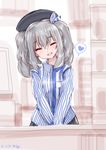  :d ^_^ ^o^ blush closed_eyes downscaled dress_shirt employee_uniform hat head_tilt kantai_collection kashima_(kantai_collection) lawson long_sleeves looking_at_viewer md5_mismatch open_mouth resized shirt silver_hair smile solo souryu striped striped_shirt twintails uniform v_arms wavy_hair 