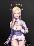  2016 :p artist_name black_background blonde_hair breasts cleavage cleavage_cutout clothes_pull cowboy_shot dated gradient gradient_background grey_background highres horns large_breasts licking_lips light_smile lips long_hair long_sleeves looking_at_viewer meme_attire nose open-chest_sweater panties panty_pull piyo_(pixiv_2308057) red_eyes red_panties ribbed_sweater signature solo sweater sweater_pull thigh_gap tongue tongue_out turtleneck underwear 