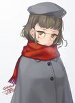  artist_name beret brown_eyes brown_hair cloak dated glasses hat kantai_collection looking_at_viewer pince-nez rokuwata_tomoe roma_(kantai_collection) scarf short_hair simple_background solo twitter_username white_background 