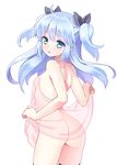  :o ass bangs black_legwear blue_eyes blue_hair from_behind lingerie long_hair looking_at_viewer looking_back negligee no_panties noel_(sora_no_method) shouni_(sato3) simple_background solo sora_no_method standing thighhighs two_side_up underwear white_background 